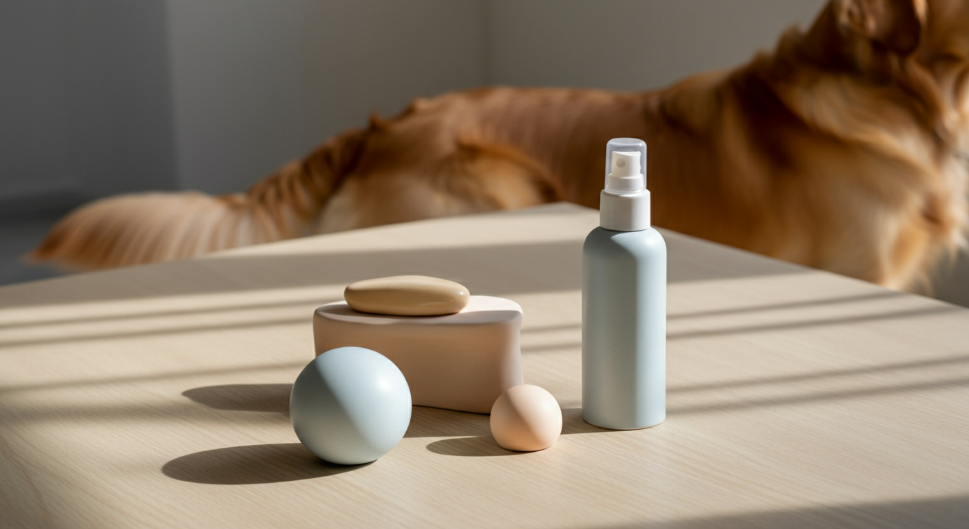 クリーム、スティック、スプレーを模した3つのパステルカラーの抽象的なオブジェと、犬のしっぽ。