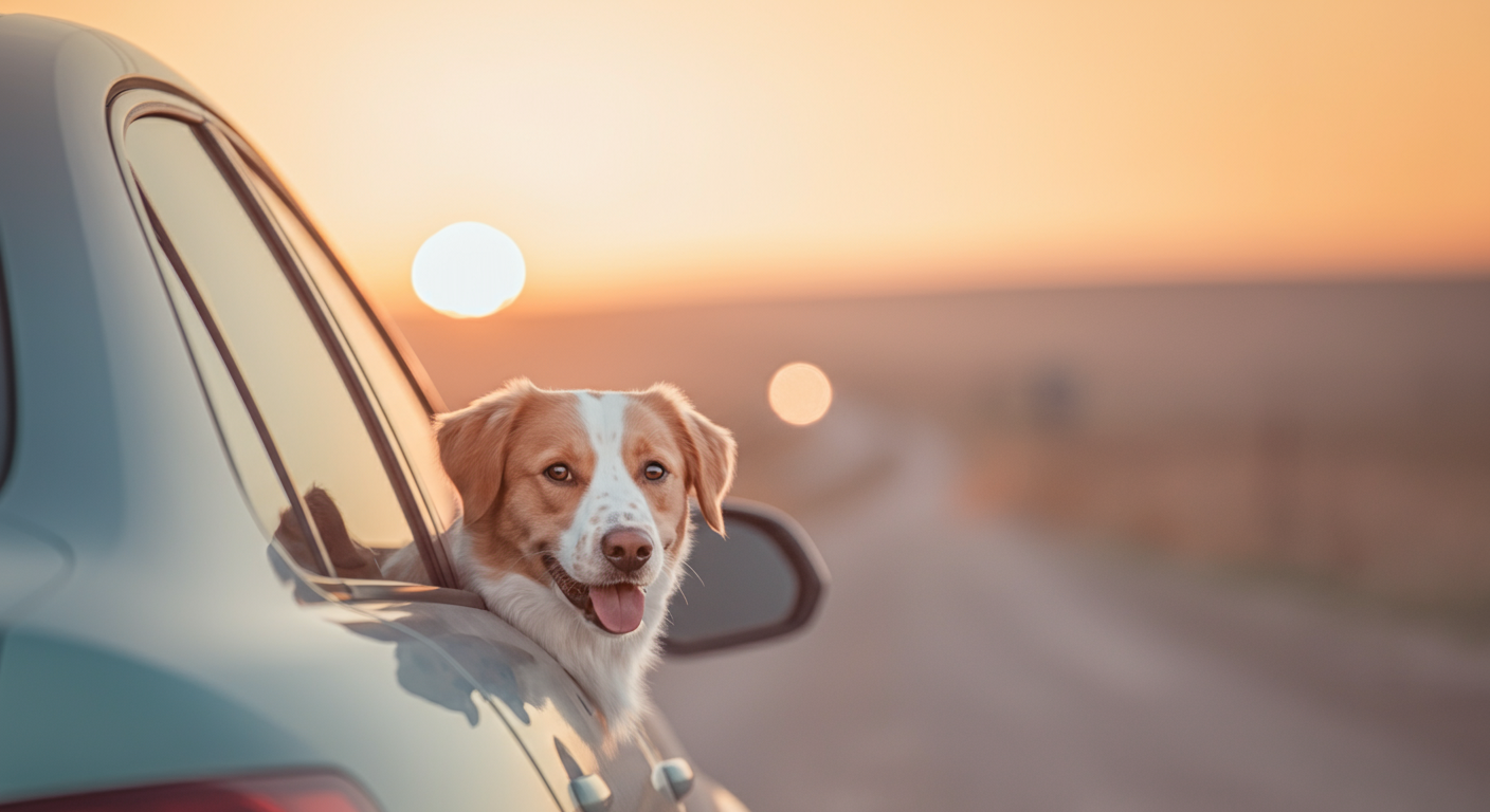 車の開いたドアから、満足そうな顔をした一匹の犬が外を覗いている様子。