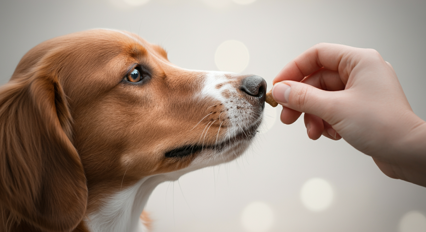 人の手が、一匹の犬の鼻先に特別なジャーキーのようなおやつを差し出しているクローズアップ写真。
