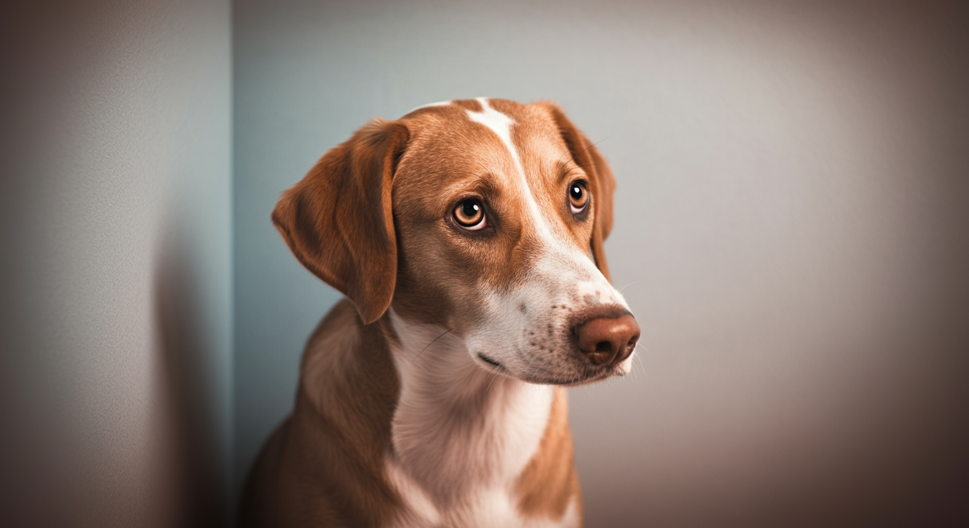 部屋の隅で何かを考えているような表情で座っている犬を捉えた、示唆に富んだ写真。