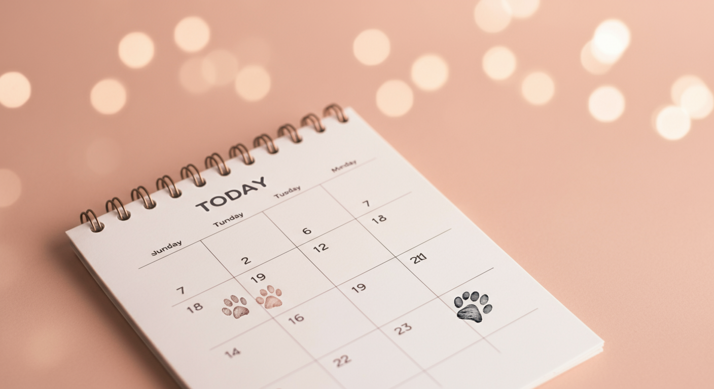 パステルカラーの背景に、毎日に肉球マークが描かれたミニマルなカレンダーが置かれている写真。