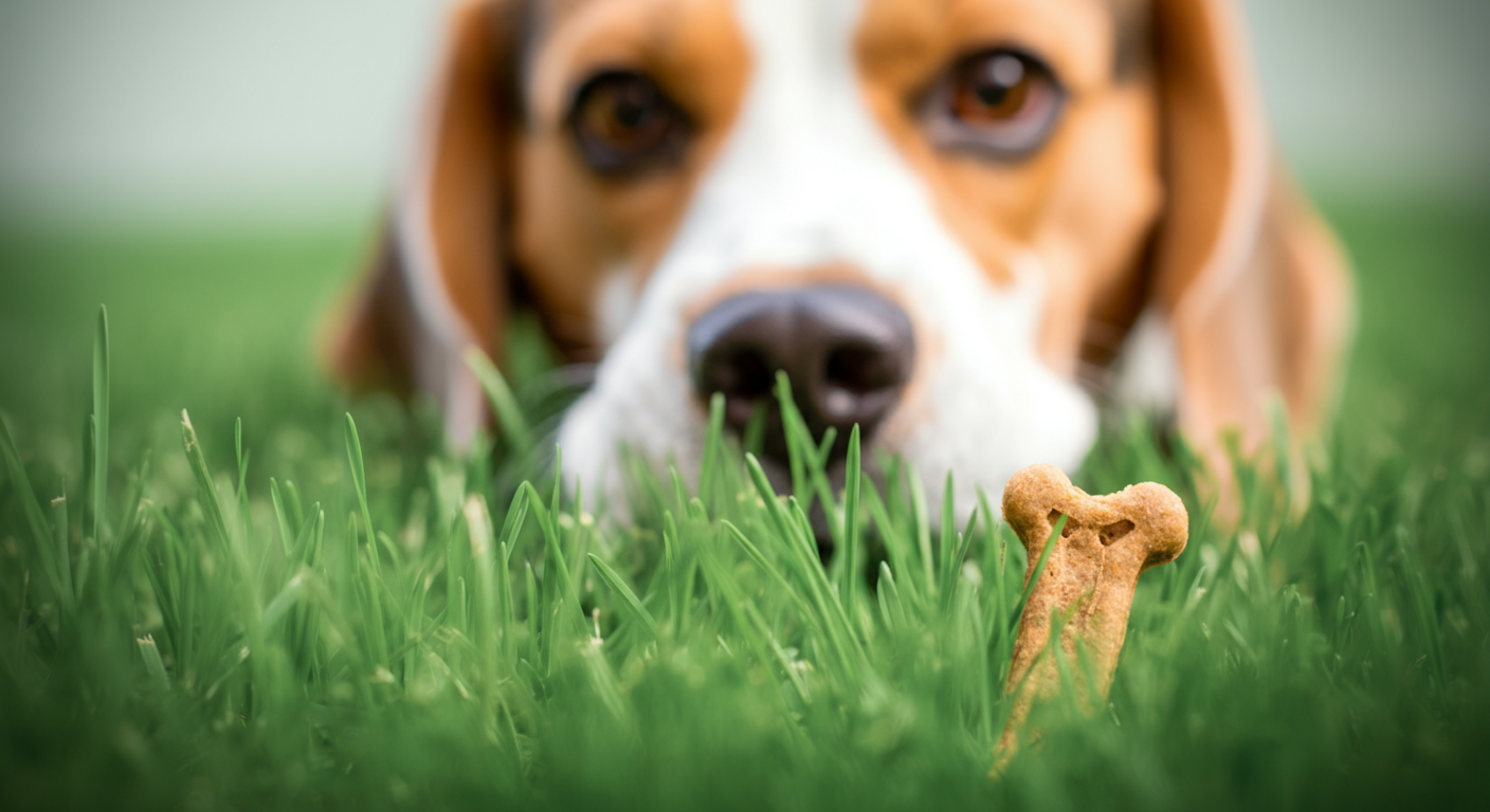 緑の芝生の中に隠された一粒のトリーツのクローズアップ。ぼやけた背景から、宝物を発見しようとする一匹の犬の鼻先が見えている。