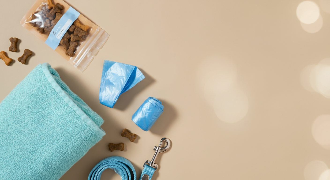ベージュの背景に、犬用タオル、おやつの入った袋、マナー袋、リードの先端が美しく並べられた平置き写真。
