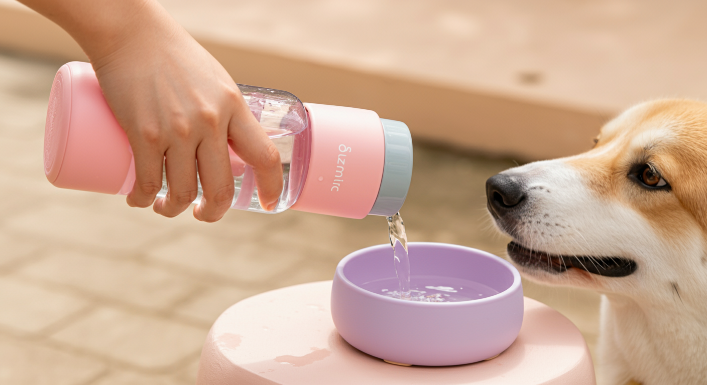 飼い主が犬用給水ボトルからお皿に水を注いでいる手元のクローズアップ。