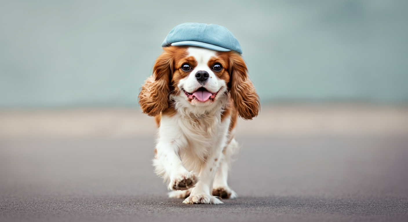 水色の帽子をかぶった犬が、軽快に歩いている足元のアップ。