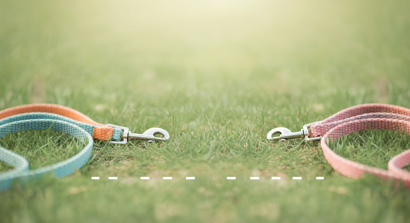 2本のリードが適切な距離を保って芝生の上に置かれている写真。犬同士のパーソナルスペースと境界線を抽象的に示している。