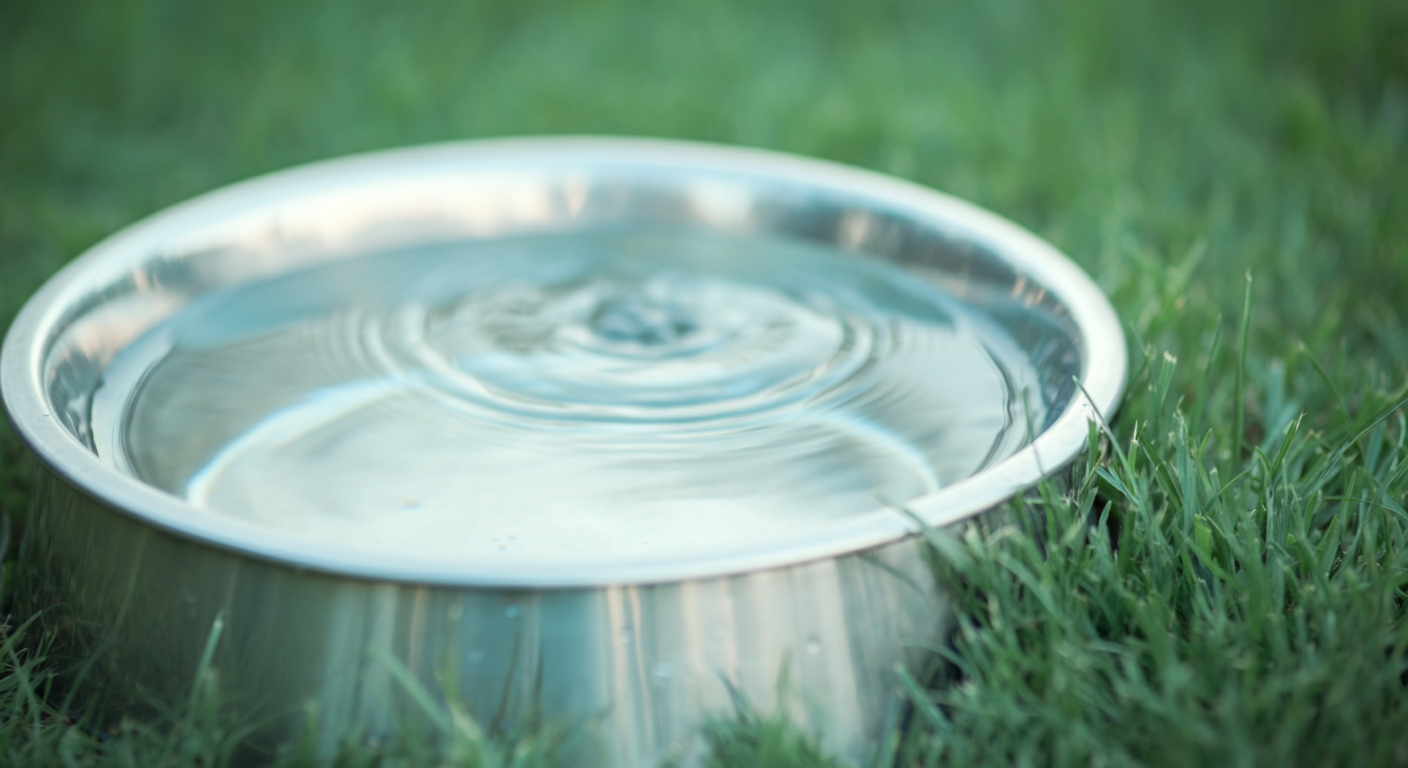 芝生の上に置かれた犬用の水飲みボウルのアップ写真