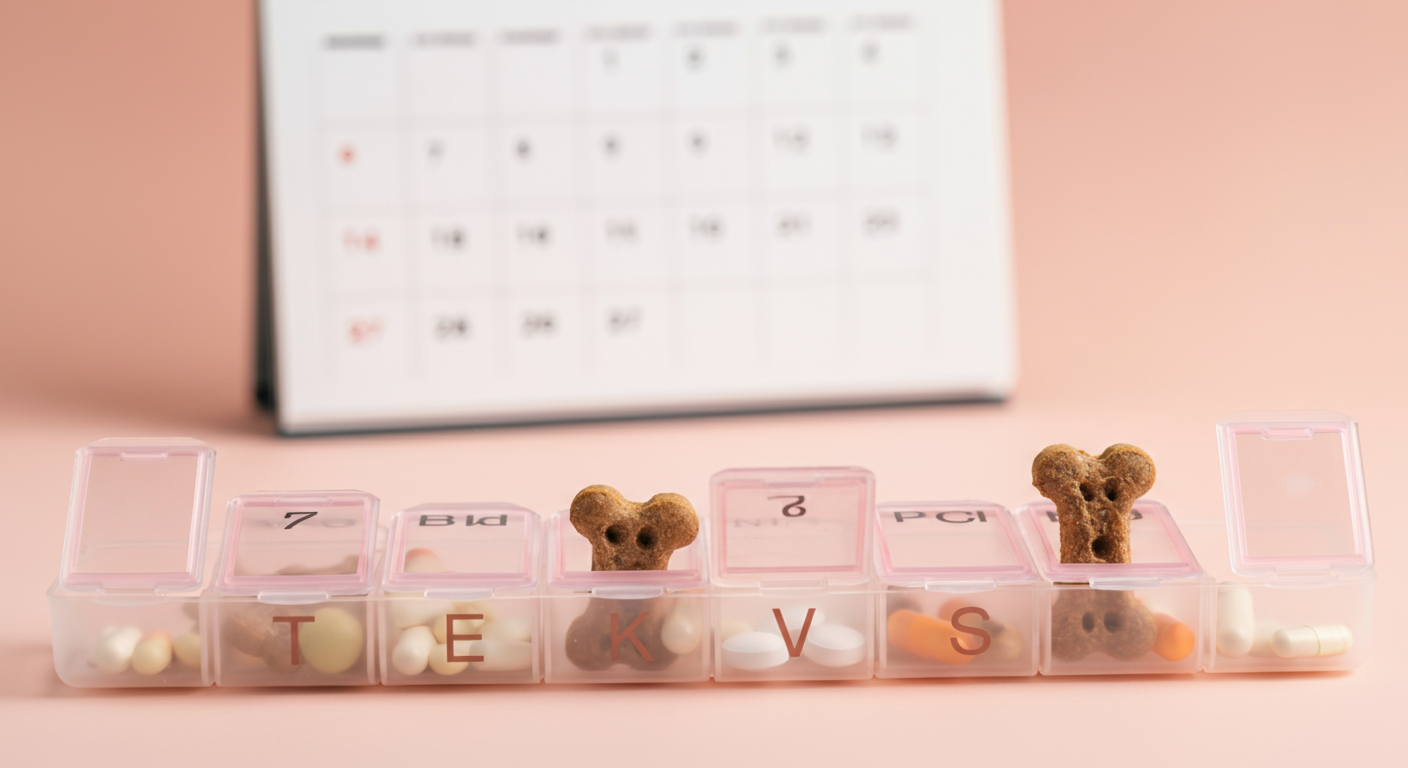 健康的な犬用おやつが1つずつ入ったピルケースと、背景にぼやけたカレンダーが写っており、毎日の習慣を象徴している。