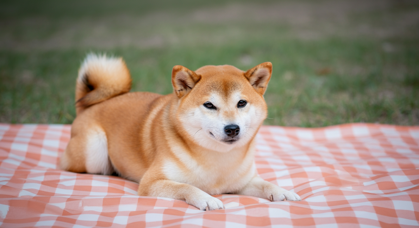 レジャーシートの上で、柴犬が集中した表情で「マテ」をしている様子を犬の目線で撮影した写真。