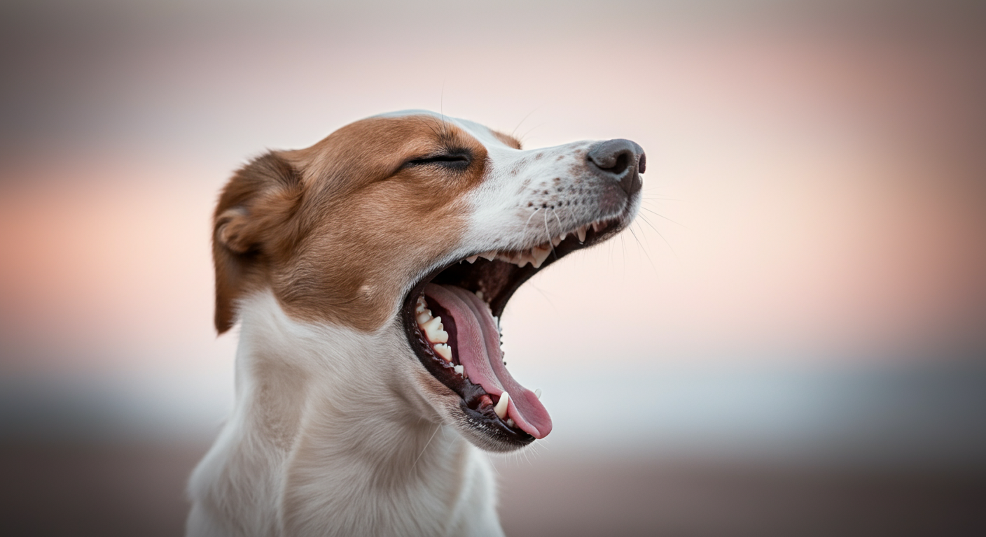 夕暮れの光の中で、一匹の犬が大きくあくびをしている瞬間のクローズアップ。