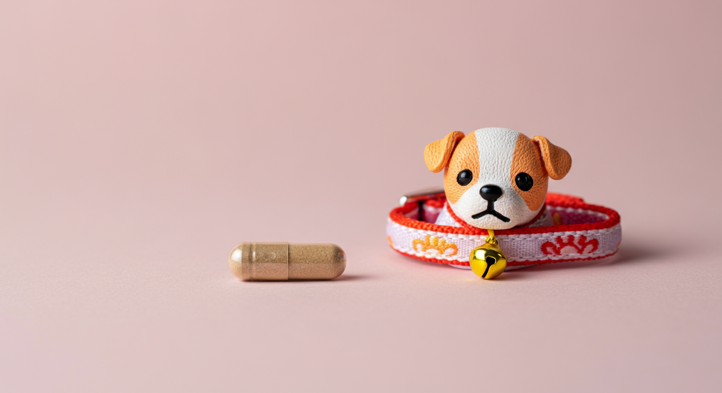 子犬用の小さな首輪の隣に、お守りのように置かれた一粒の乳酸菌サプリメント。
