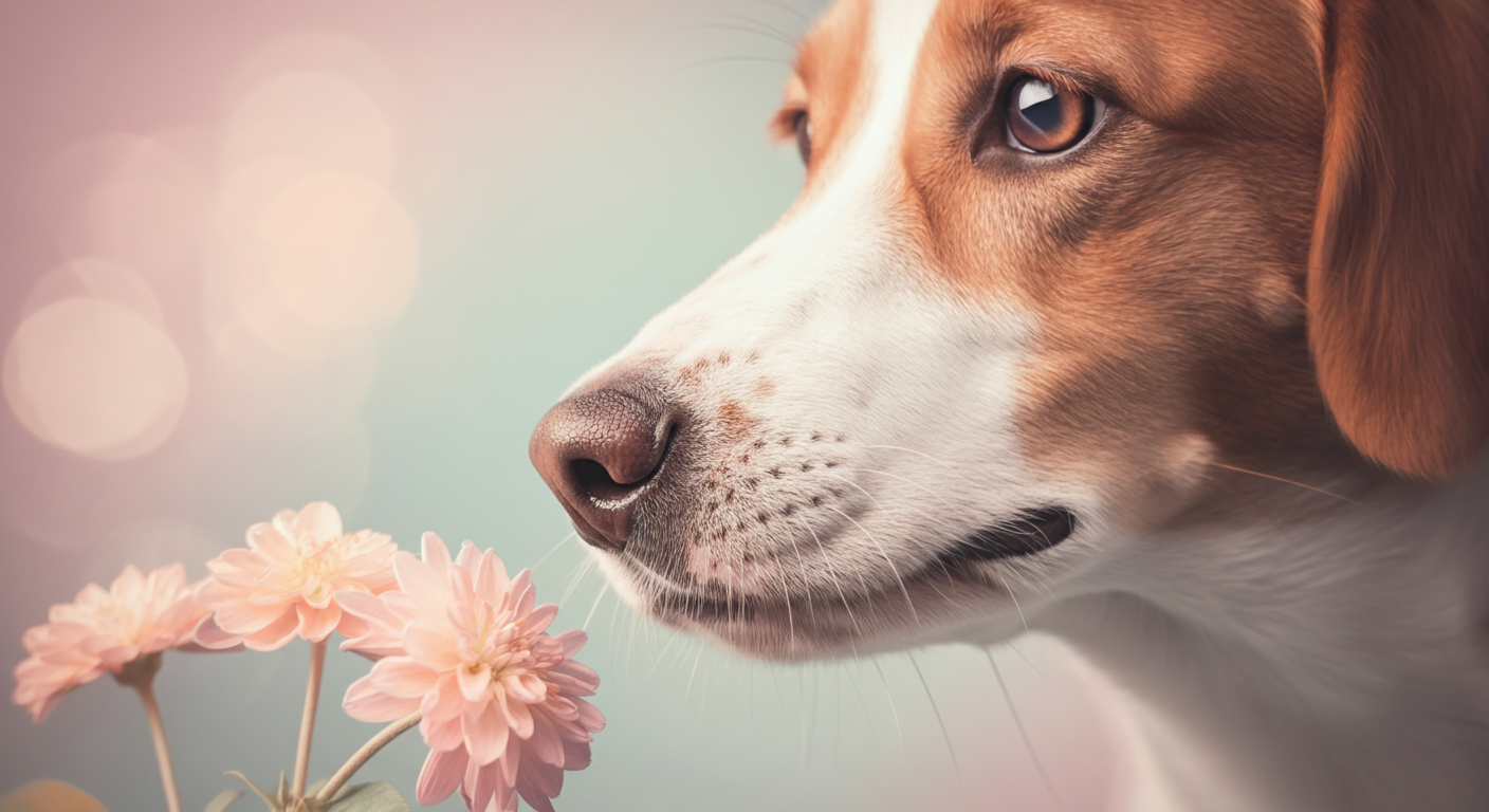 パステルカラーの優しい雰囲気の中、犬の鼻先が可憐な花に近づいているクローズアップ。