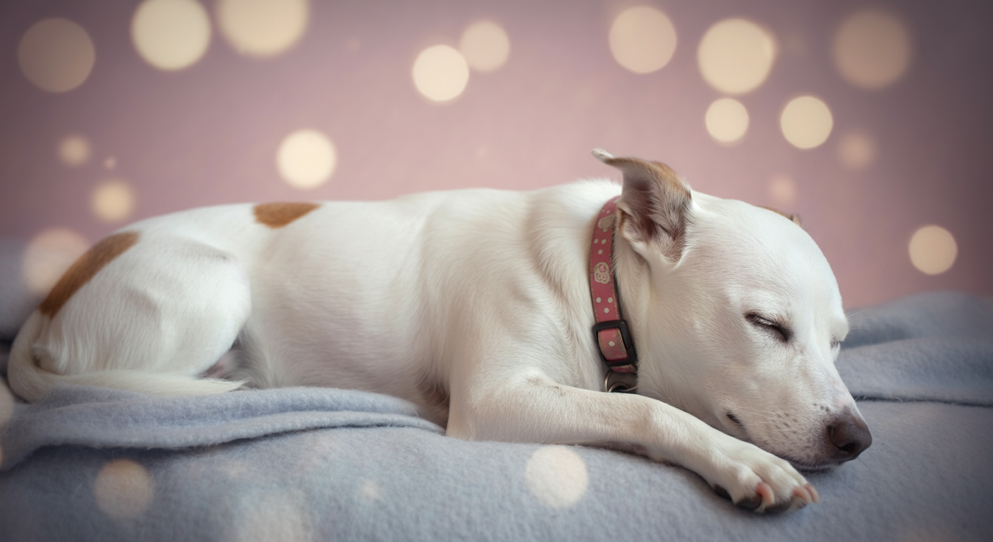 パステルカラーの柔らかい光の中、迷子札付きの首輪をした犬が気持ちよさそうに眠っている写真。