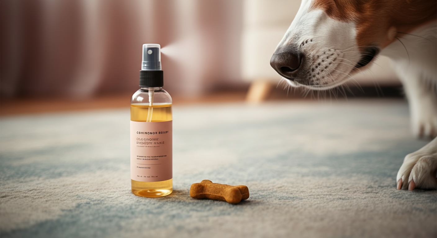 床に置かれた虫除けスプレーボトルの隣に、犬用のおやつが一つ置かれている。犬の鼻先が興味深そうに近づいている。