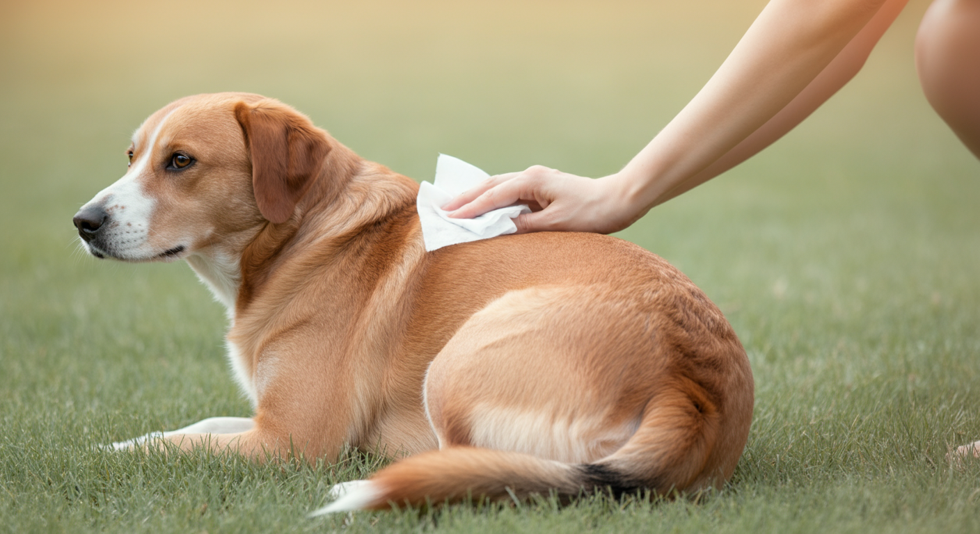 飼い主が芝生の上で、遊んだ後の犬の背中をウェットティッシュで拭いている様子。