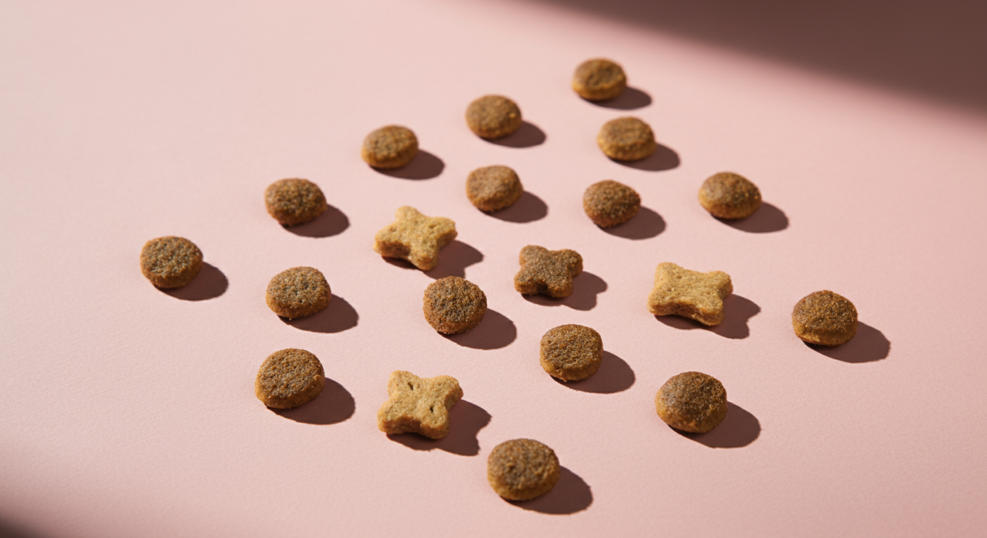 パステルカラーの背景にきれいに並べられた、様々な形の高タンパク質ドッグフードの粒のマクロ撮影。フード選びをイメージした写真。