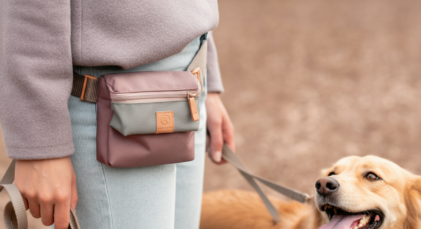 人の腰につけられたトリーツポーチのクローズアップ。隅には飼い主を見上げる犬の幸せそうな顔が写っている。