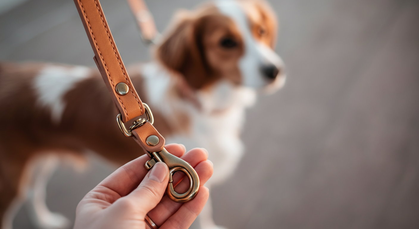 パステルカラーの背景で、飼い主の手がスタイリッシュなリードの金具を持っている。愛犬にリードを装着しようとしている瞬間。