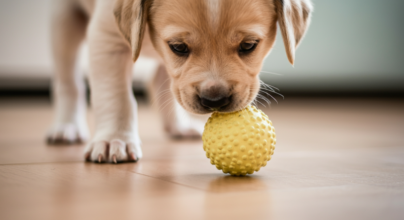 パステルイエローのボールの匂いを嗅ぐ子犬の鼻先のクローズアップ