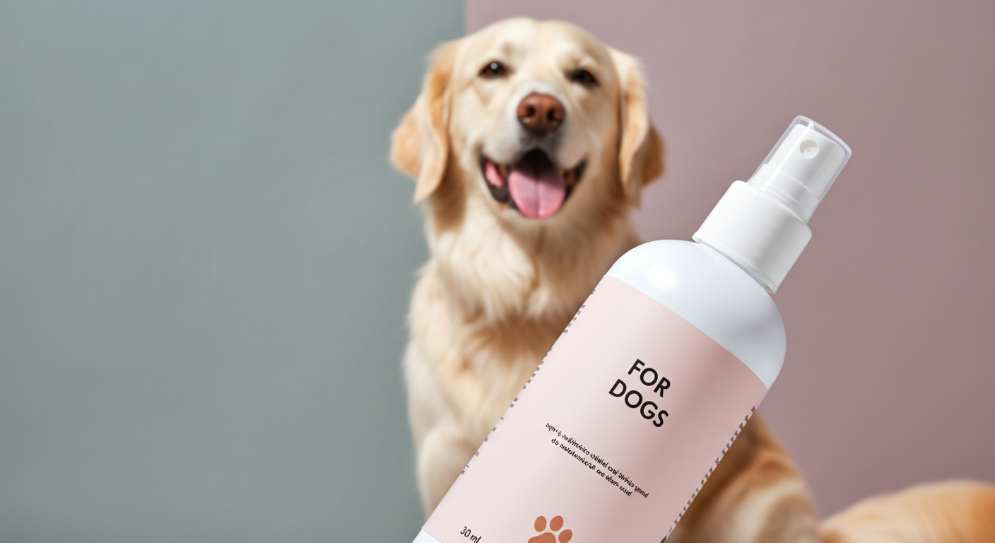 「犬用」と書かれたラベルが貼られた白いスプレーボトルに焦点が合った写真。背景には犬が穏やかに座っている。