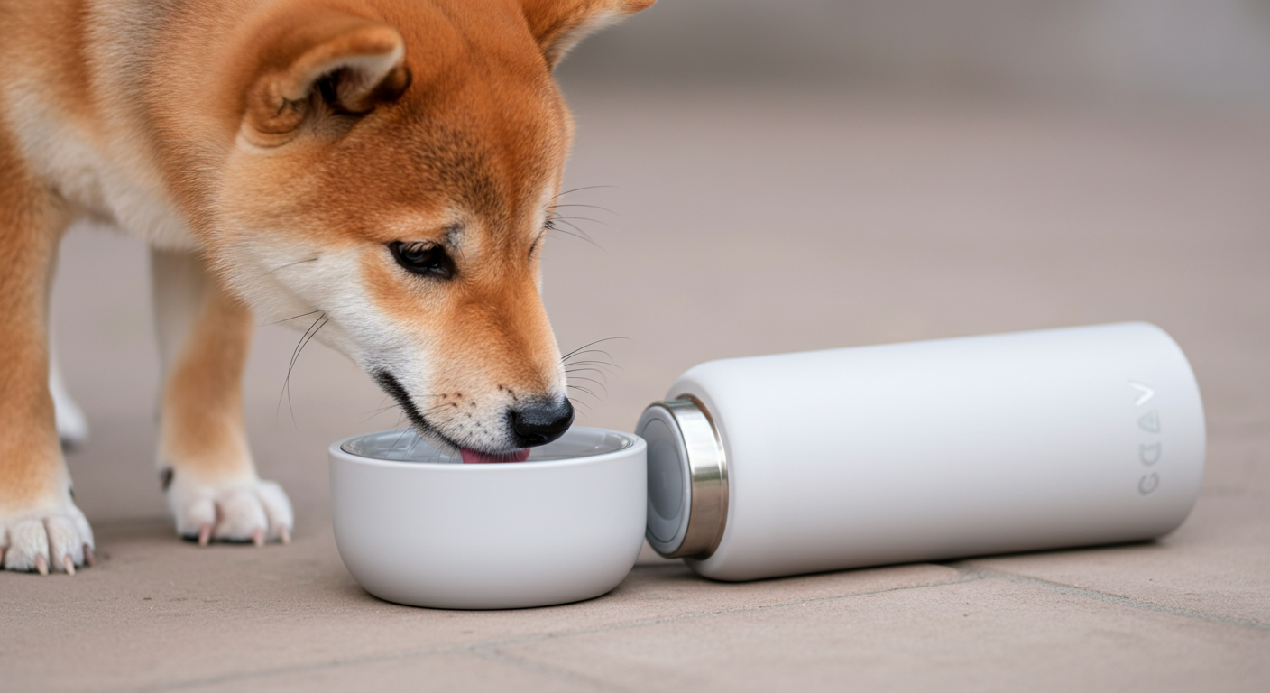 マットホワイトの犬用給水ボトルの飲み口から、柴犬の子犬が水を飲んでいる様子のクローズアップ。柔らかな自然光が当たっている。