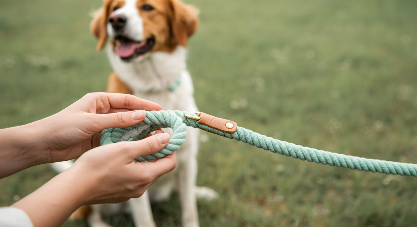 飼い主がパステルグリーンのロングリードを優しく手繰り寄せている手元。背景には犬がぼけて写っている。