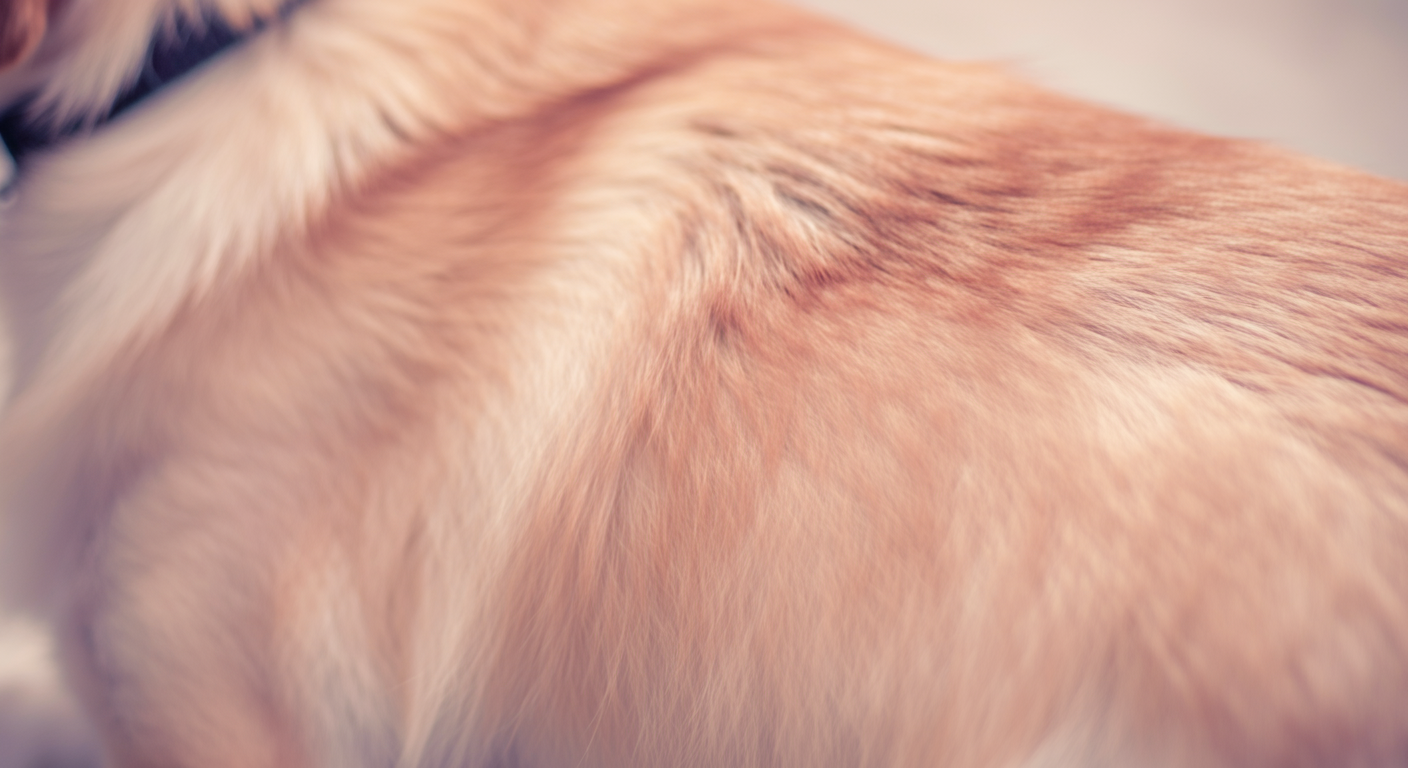 パステルカラーの柔らかな光の中で、犬の背中の毛が少し逆立っている様子のマクロ写真。