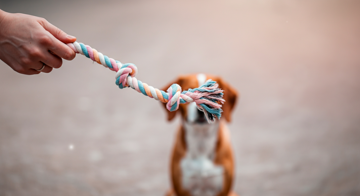 人がパステルカラーのロープのおもちゃを投げている様子。おもちゃが空中に浮いている。