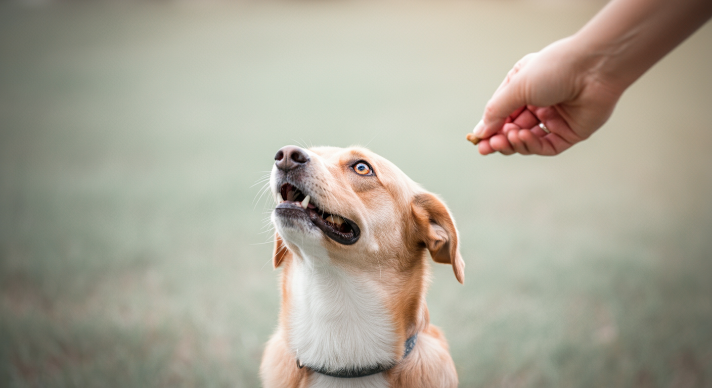 飼い主の手からおやつをもらおうと、嬉しそうに見上げている一匹の犬。