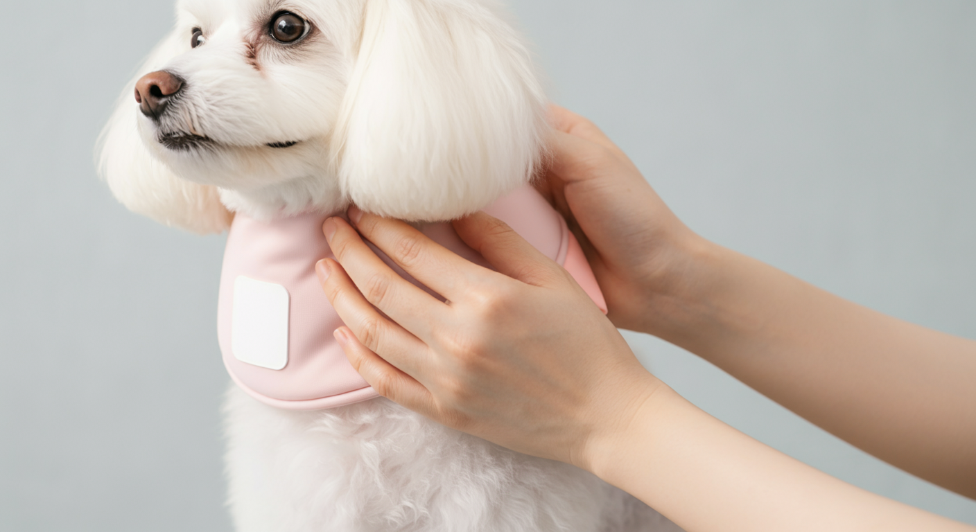 飼い主が犬の首に優しくクールネックを装着している様子のクローズアップ。