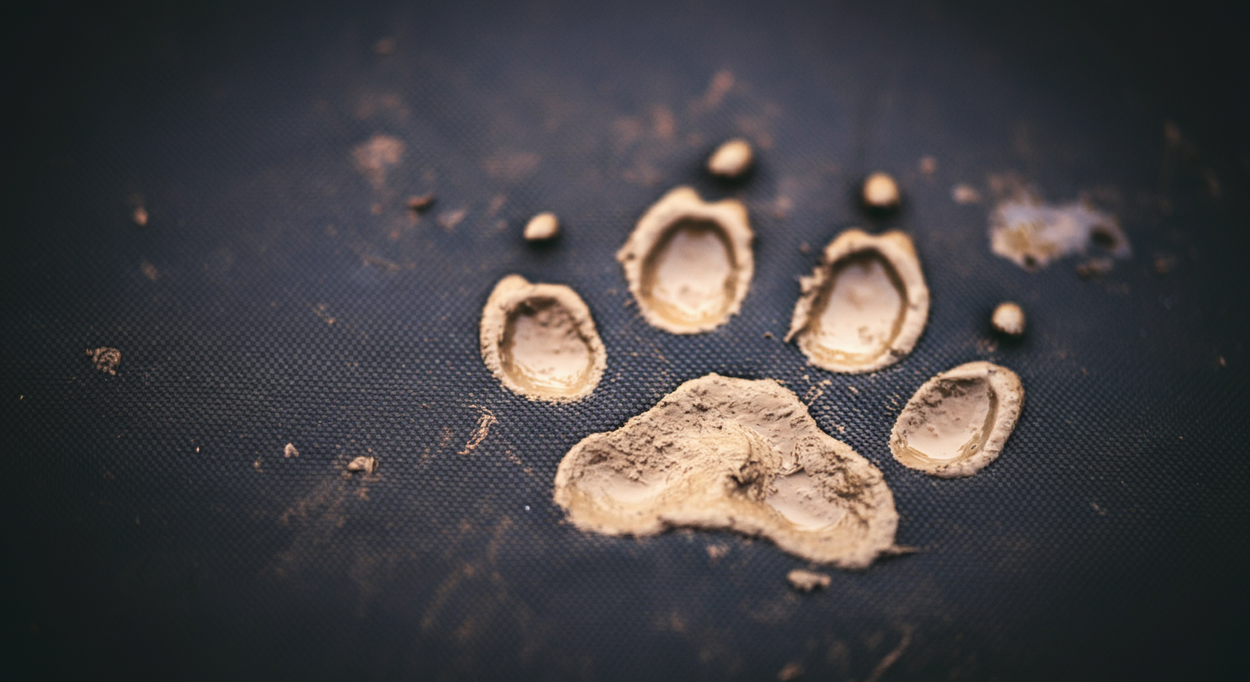 濃い色の丈夫な生地についた、犬の泥だらけの足跡のクローズアップ。