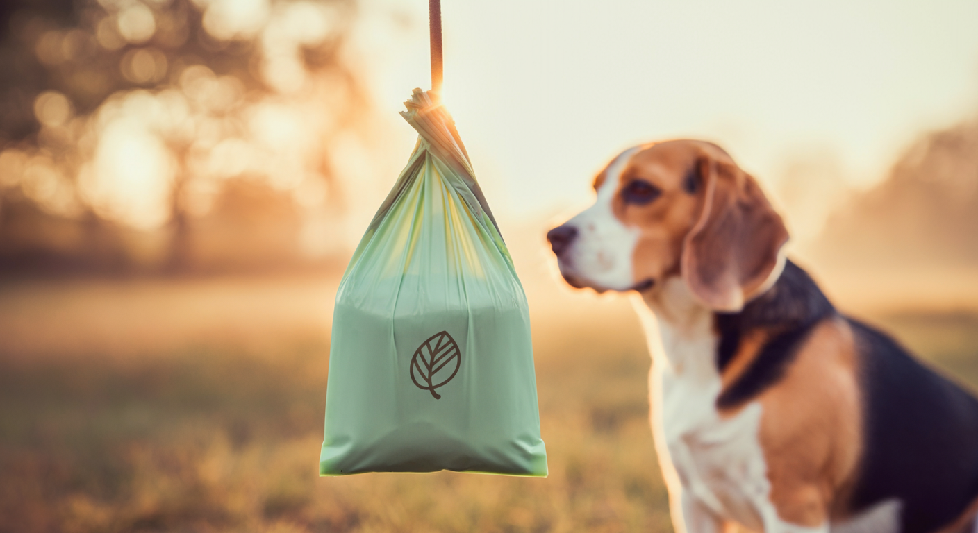 生分解性プラスチックでできた、葉のマークが入ったうんち袋を太陽に透かしている様子。