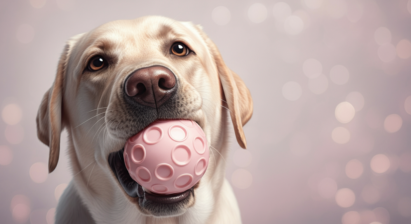 パステルピンクのボールを優しく口にくわえている犬の鼻先のクローズアップ。