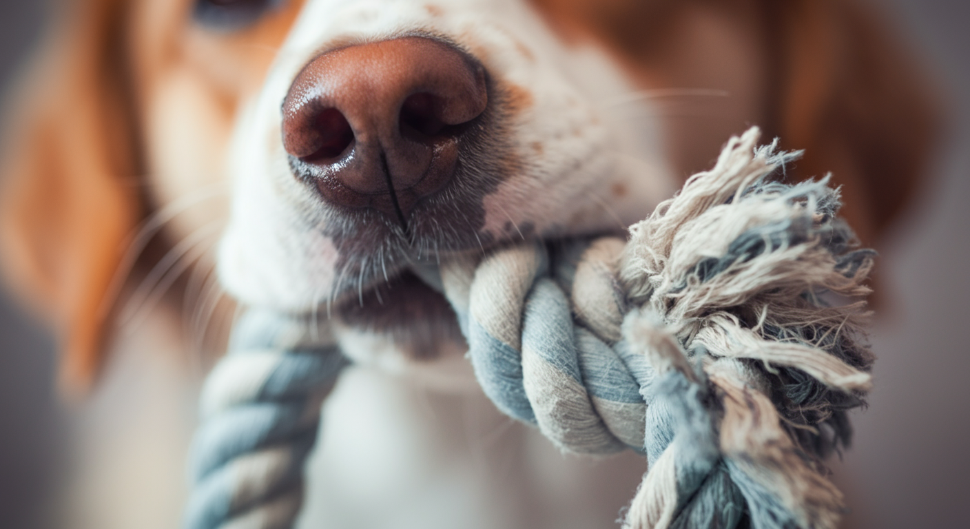 ロープのおもちゃの端を、犬が優しく口にくわえている様子のマクロ写真。