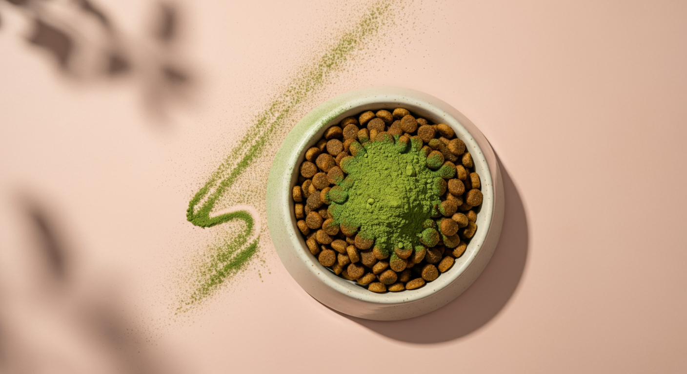 ドッグフードの上に緑イ貝エキスの粉末が振りかけられたフードボウル。