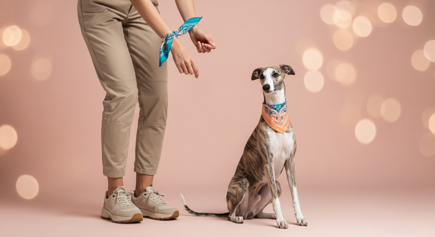 ニュートラルカラーの服装の人が、手首に鮮やかな色のバンダナを結んでいる。