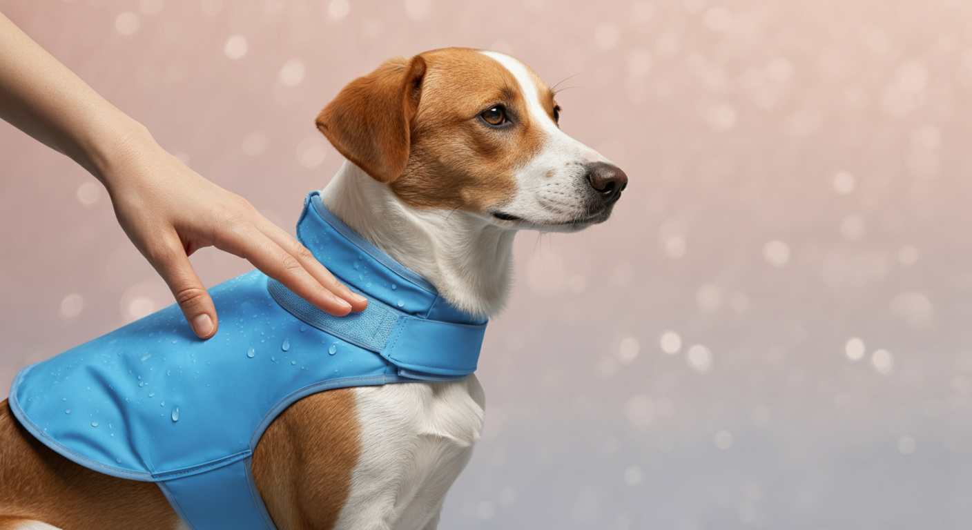 飼い主が犬の着ているクールウェアの生地を優しく触っている様子