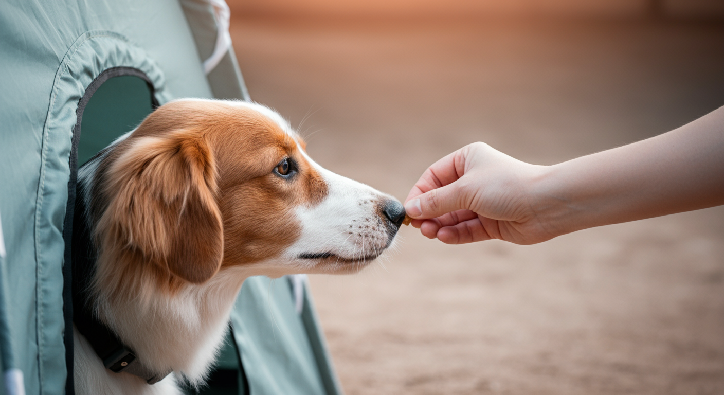 日除けテントの入り口で、飼い主の手からおやつをもらう犬の鼻先のクローズアップ。