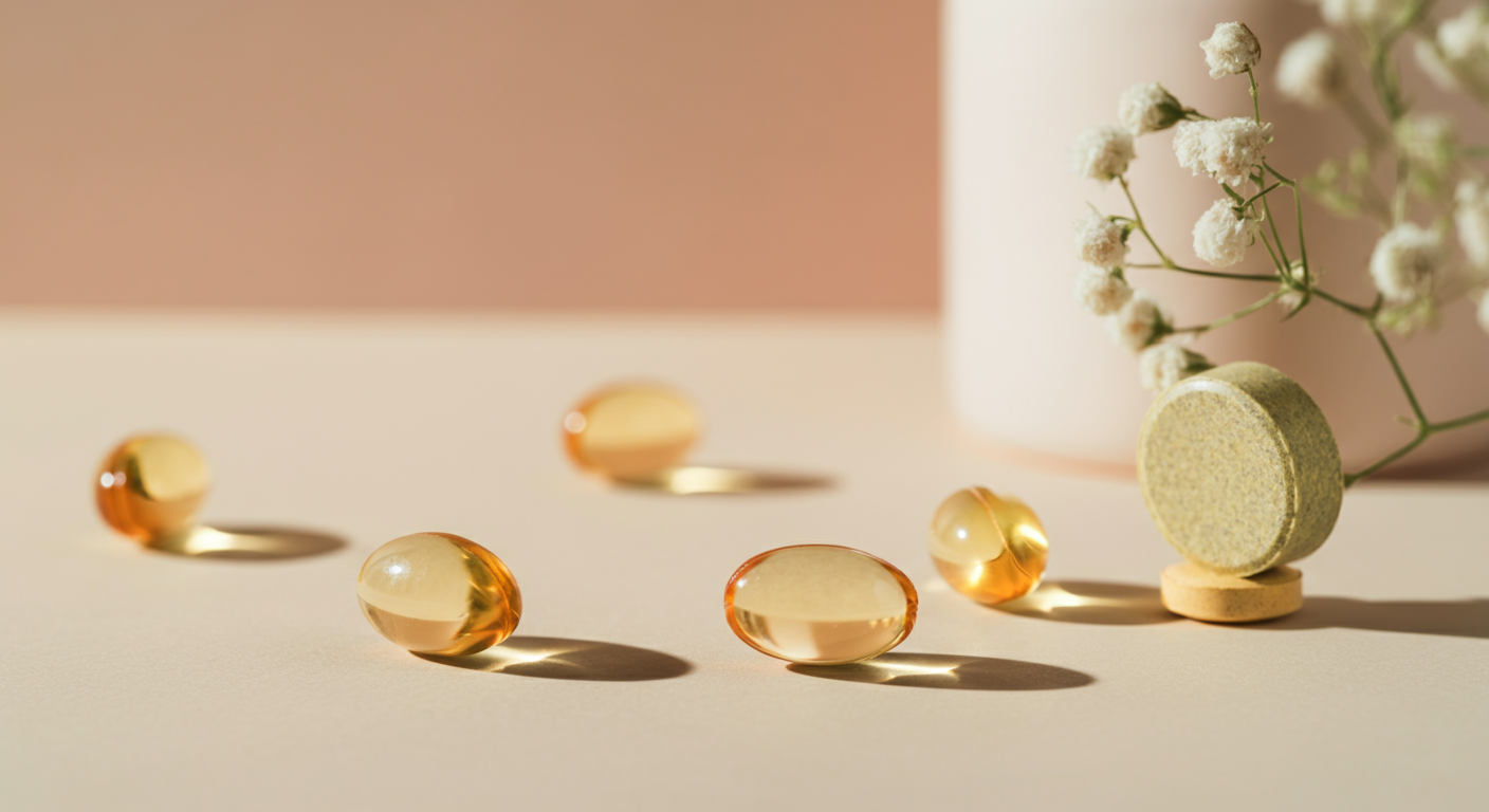 明るい背景に置かれた数粒のチュアブルタイプの犬用サプリメント。