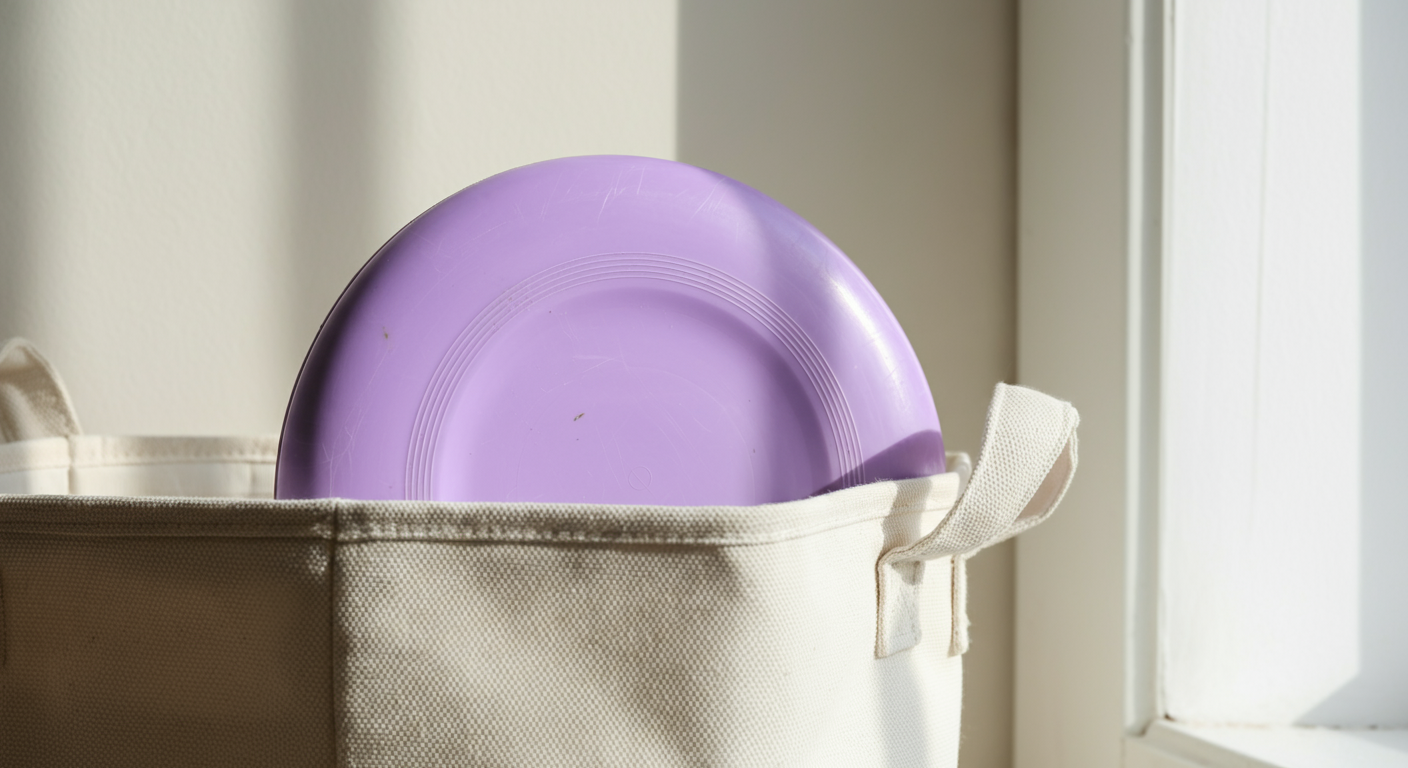 おしゃれな収納バスケットから、パステルカラーのフリスビーの縁が少しだけ見えている写真。