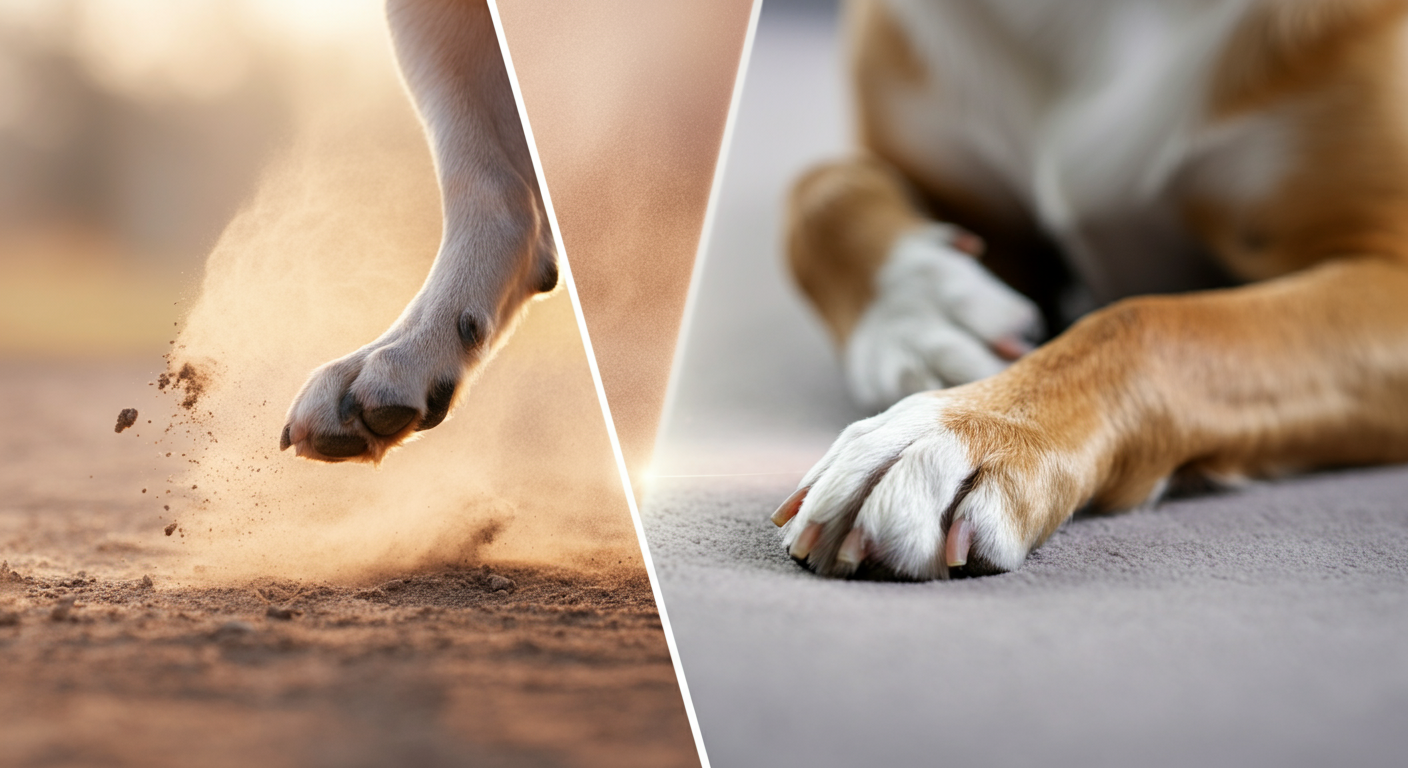 左側には元気に走る犬の足、右側には静かに休む犬の足が写っており、2つが繋がっている分割画面のコンセプト写真。