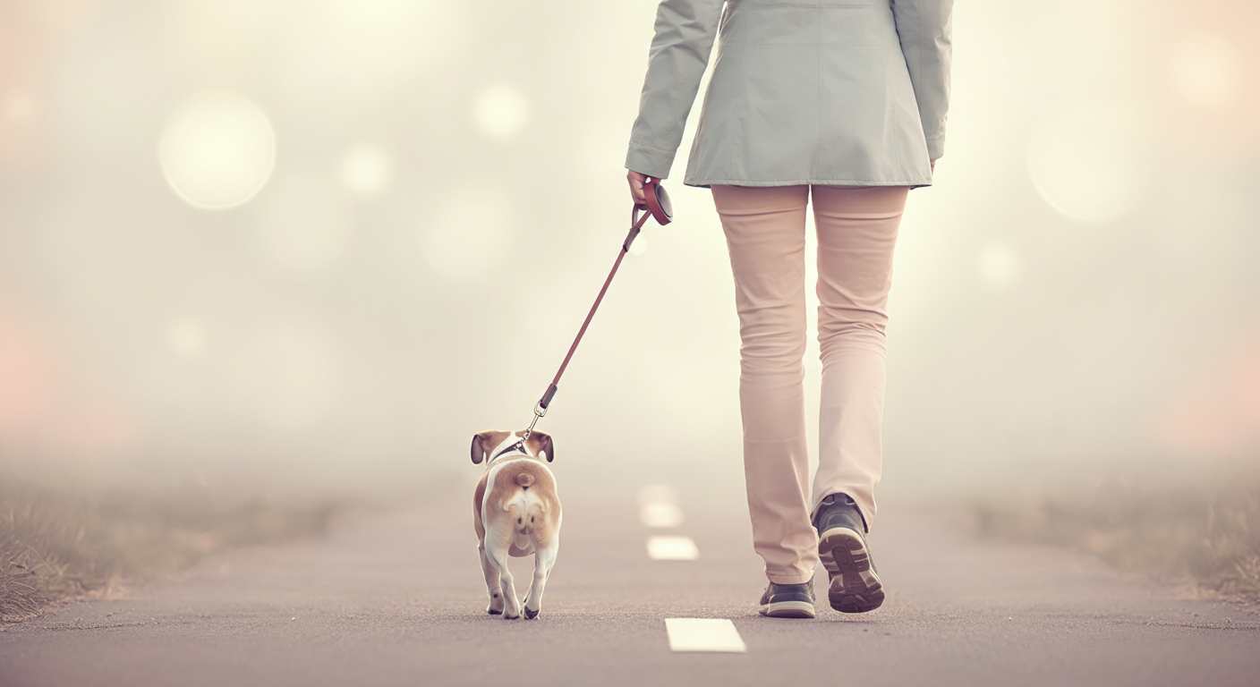 ドッグランの出口に向かって、リードをつけた一匹の犬と飼い主がゆっくりと並んで歩いている足元の写真。