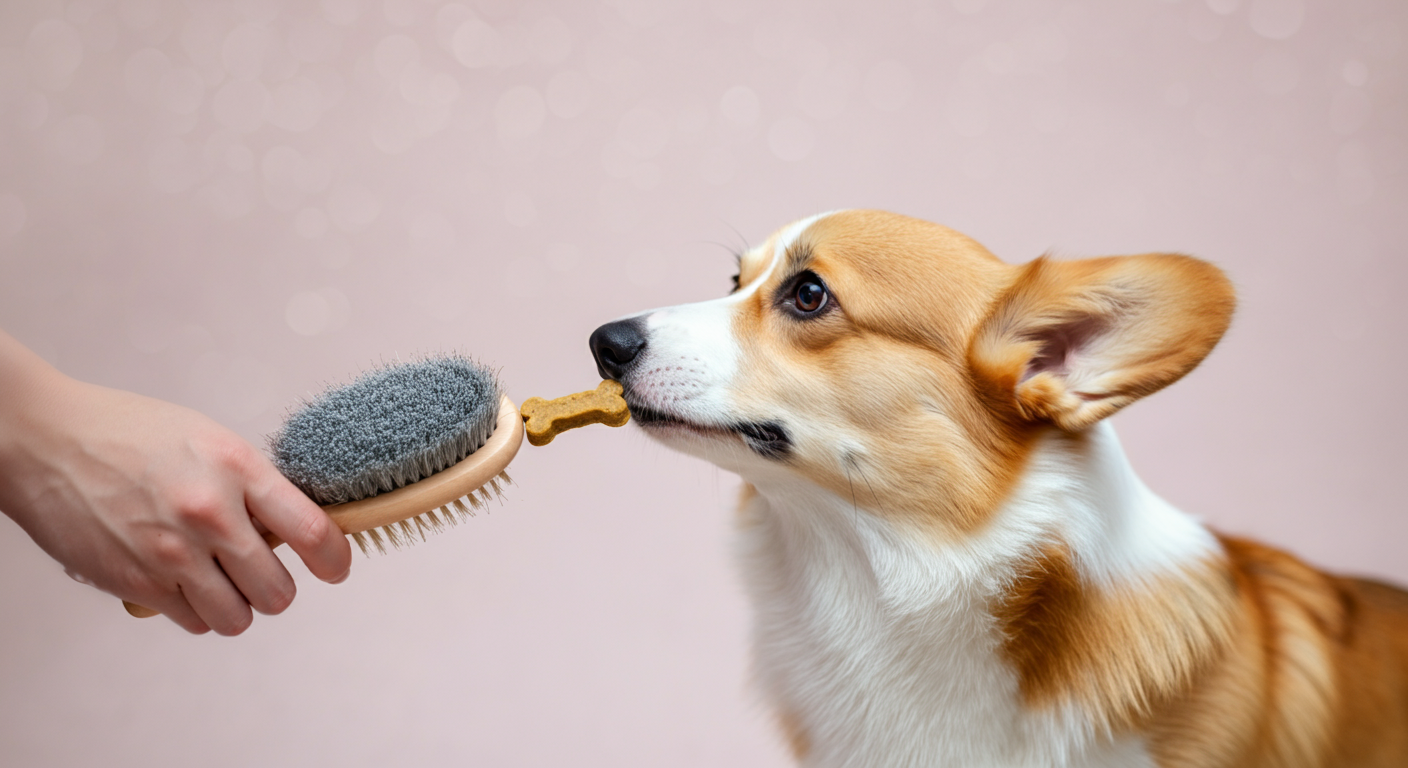 人の手が持つブラシと犬用おやつを、一匹の子犬が興味深そうに鼻先でクンクンと匂いを嗅いでいる、可愛らしい写真。