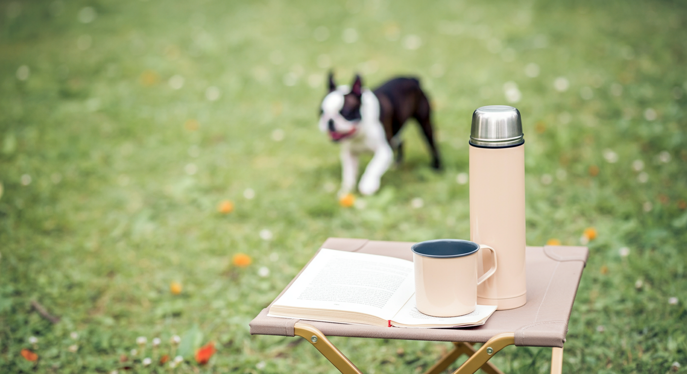 折りたたみ椅子の上に置かれた水筒と本。背景の芝生では、一匹のボストンテリアが楽しそうに遊んでいる。
