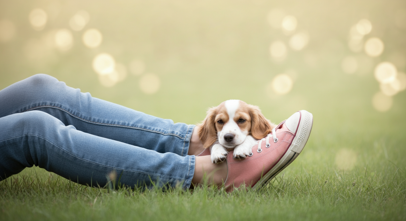 芝生の上に座る人のスニーカーに、一匹の犬が安心しきった様子で頭を乗せて休んでいる。