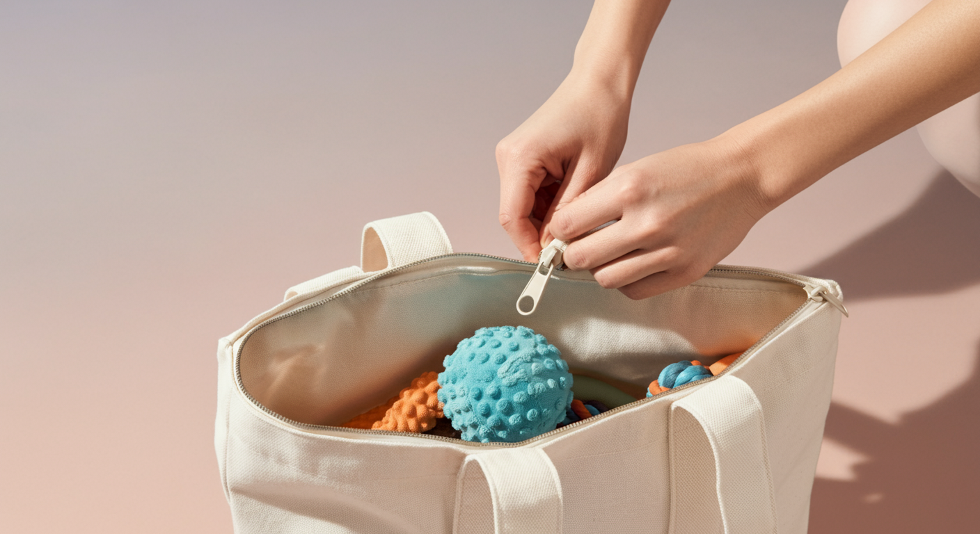 犬のおもちゃが入ったバッグのチャックをきちんと閉めている人の手元