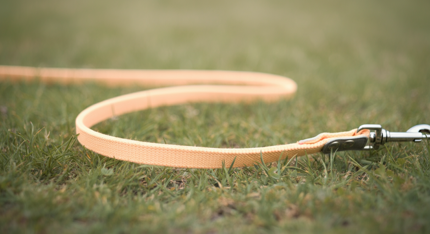 緑の芝生の上に、パステルイエローの長いリードが優雅な曲線を描いて置かれている抽象的な写真。