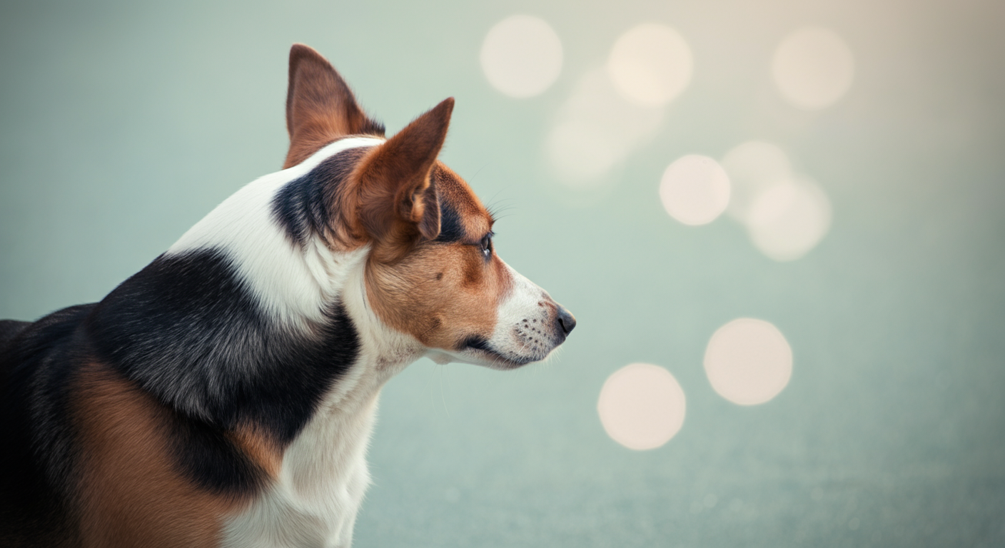 不快感を示すように少しだけ耳を後ろに倒し、顔をそむけている犬の抽象的なローアングルショット。