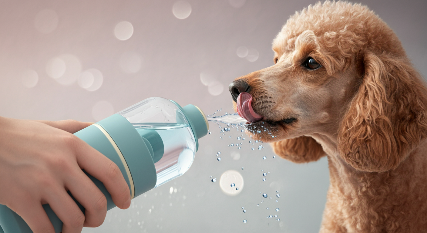携帯用の水飲みボトルから、プードルが水を飲んでいる。水滴に焦点が合っている。