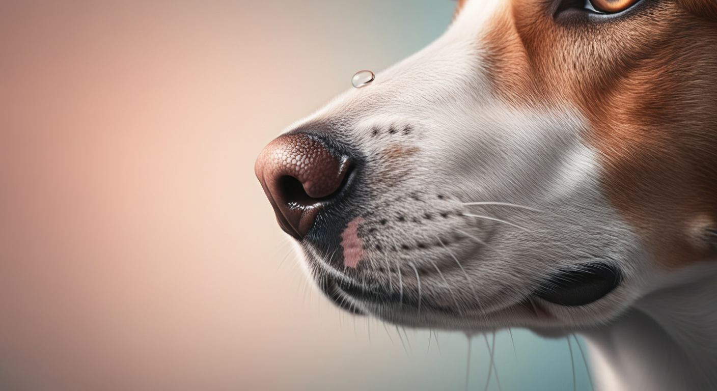 犬の鼻先のアップ写真。鼻の上に水滴が一粒ついており、犬にとっての快適さを選ぶことの重要性を象徴している。